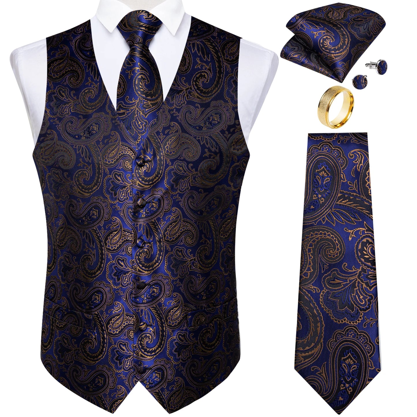 Fashion Green Paisley Vest for Man Business Festival Dress Fit Men's Waistcoat Luxury Silk Necktie Pocket Square Cufflinks Ring