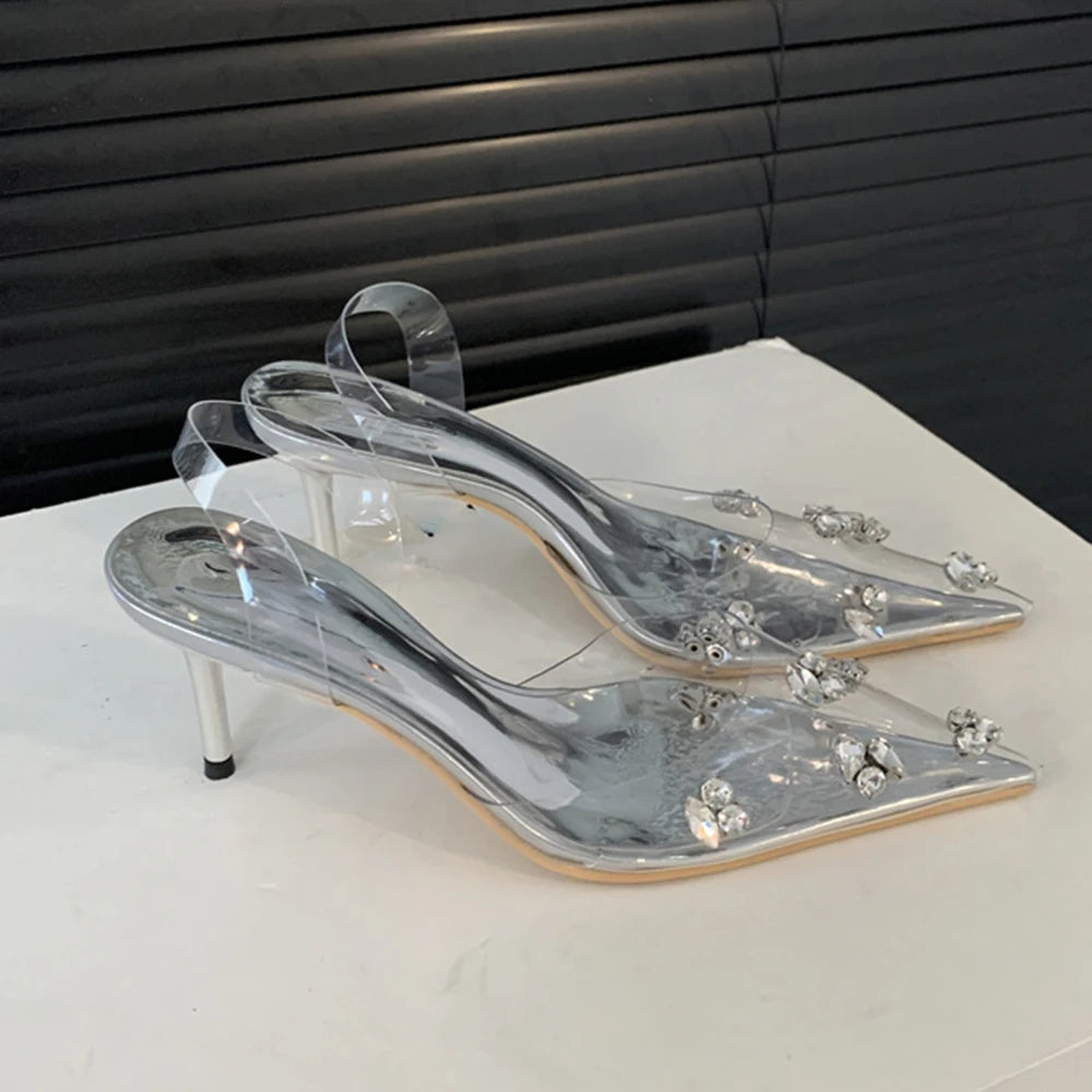 Aneikeh PVC Summer Jelly Shoes Woman Bling Pointed Toe Rome Shallow String Bead Pumps Women Sandals Party Fashion Sweet lip-On