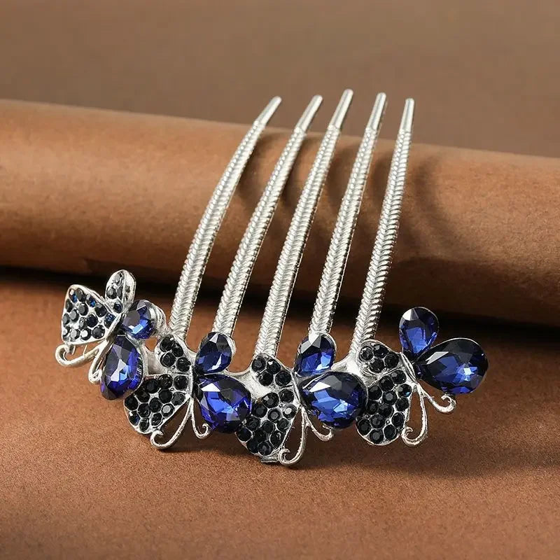 Fashion Zircon Butterfly Five Toothed Hairpin Bride Hair Accessories for Women Retro Luxury Alloy Hair Comb Mom's Headwear Gift