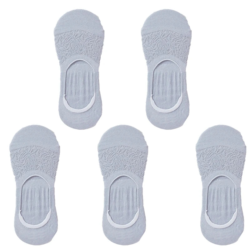 5 Pairs Women Cotton Low Cut Socks Solid Snowflake Softable Summer Silicone Non-slip Deep Mouth Prevent Heel Loss Slipper Socks