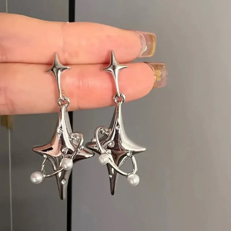 Simple Silver Color Star Earrings for Women Opal Stone Heart Hoop Earrings Punk Y2K Cute Daily Wear Jewelry Party Gifts