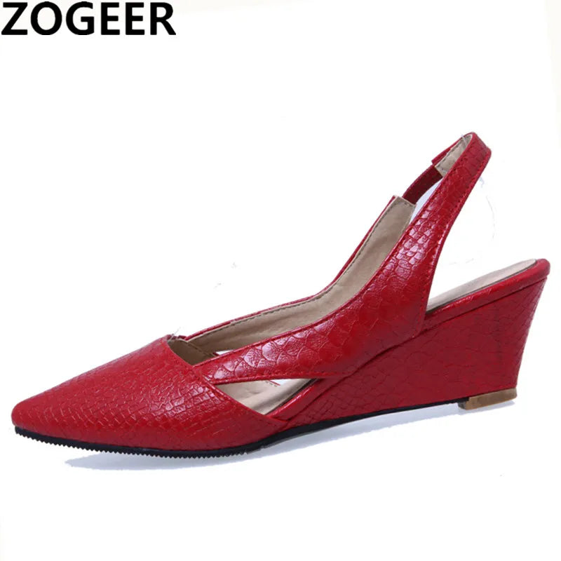 Sweet Casual Wedge Sandals Women Summer Shoes Solid Snake Cut-outs Ladies Mules Fashion Pointed Red White Party Wedding Shoes