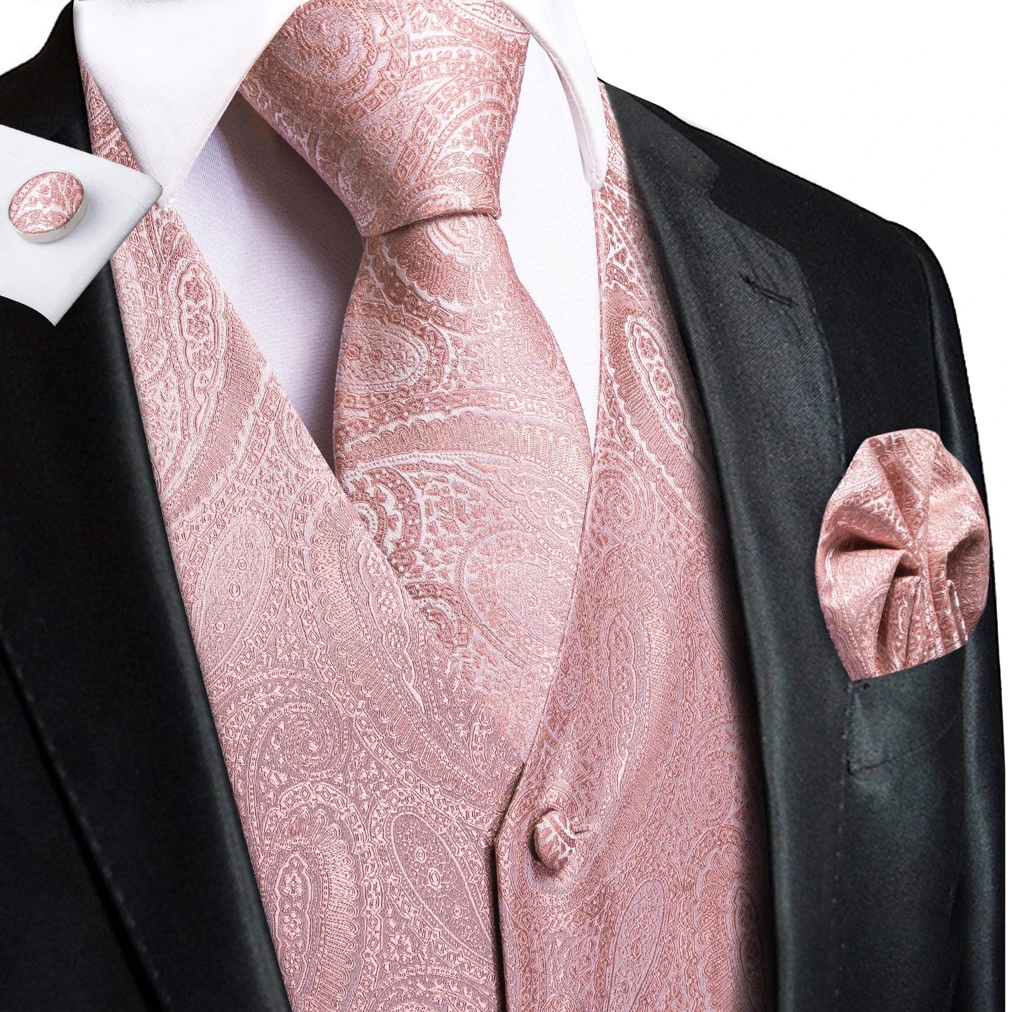 Hi-Tie Wedding Coral Pink Mens Vest Silk Tie Set Adjustable Jacquard Waistcoat Jacket Necktie Hanky Cufflinks Formal Party Gifts