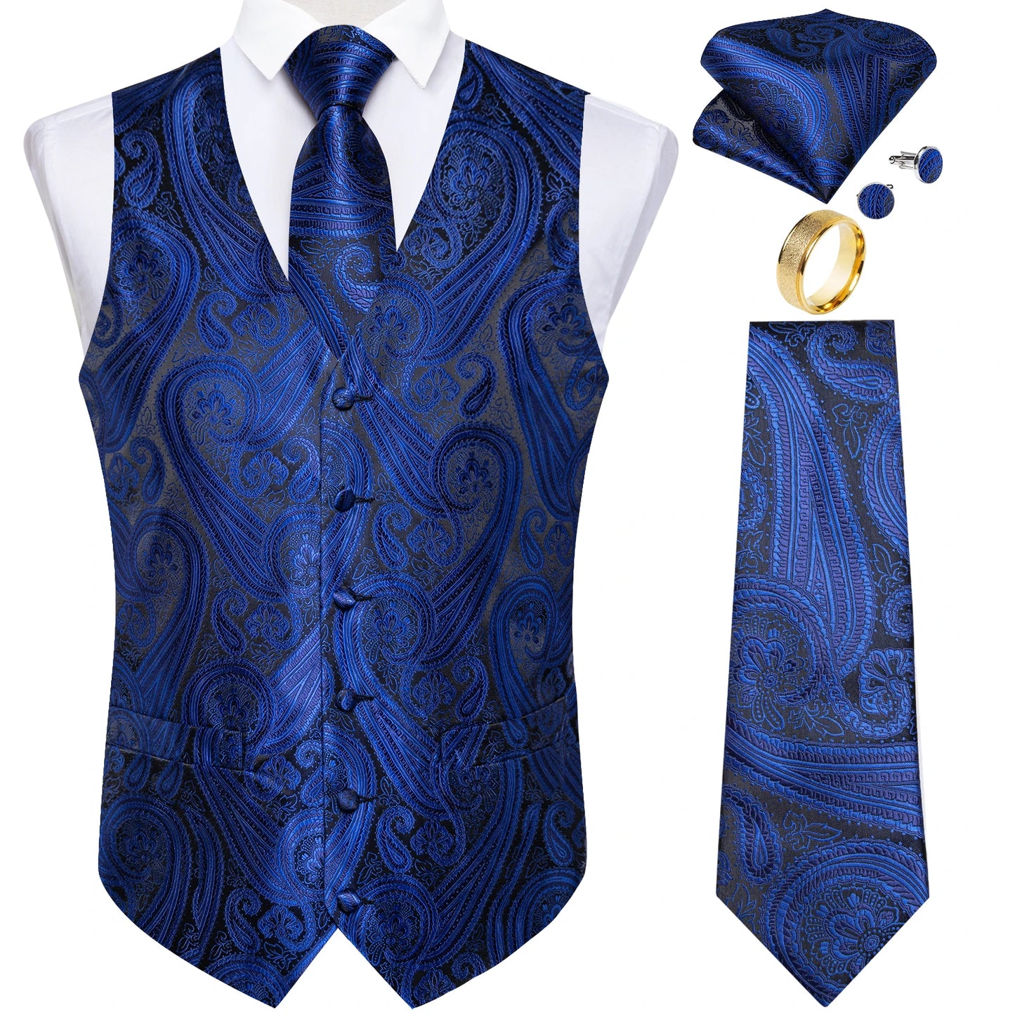 Fashion Green Paisley Vest for Man Business Festival Dress Fit Men's Waistcoat Luxury Silk Necktie Pocket Square Cufflinks Ring