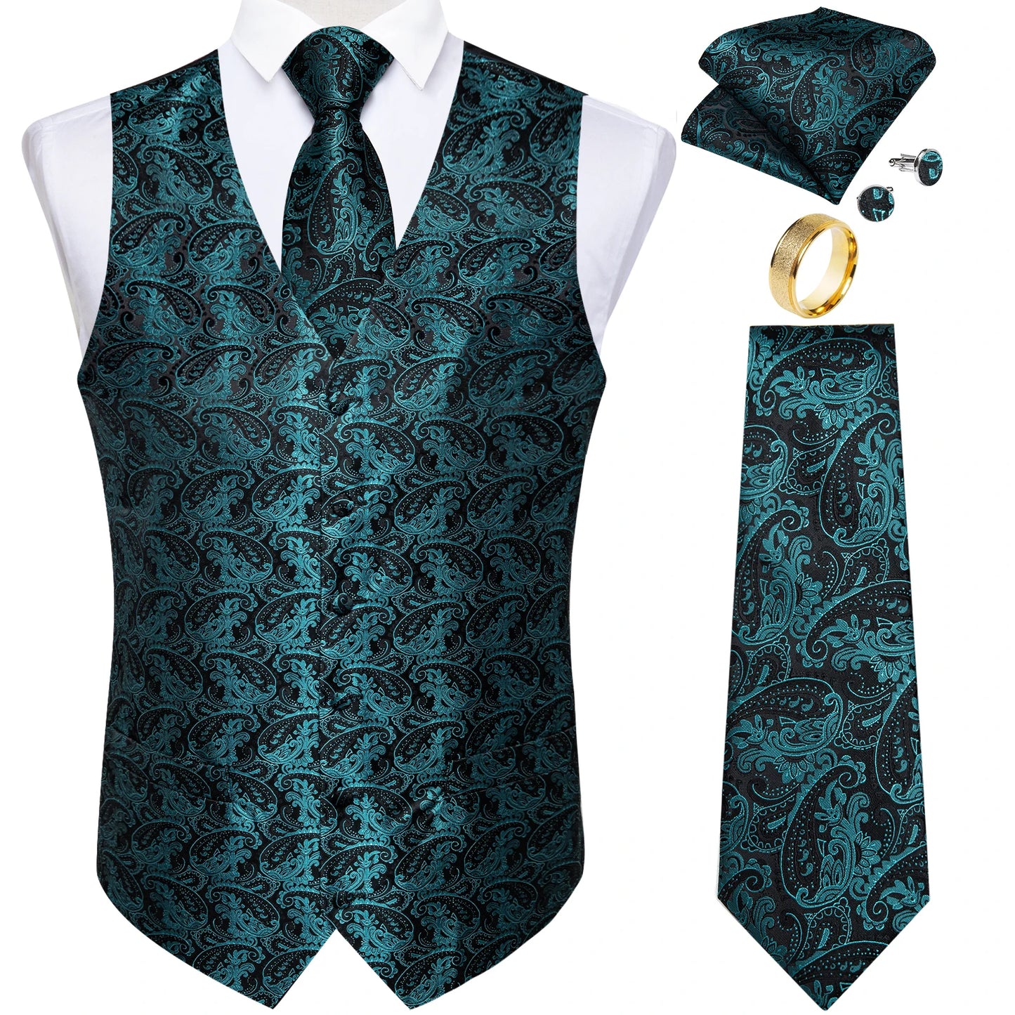 Fashion Green Paisley Vest for Man Business Festival Dress Fit Men's Waistcoat Luxury Silk Necktie Pocket Square Cufflinks Ring
