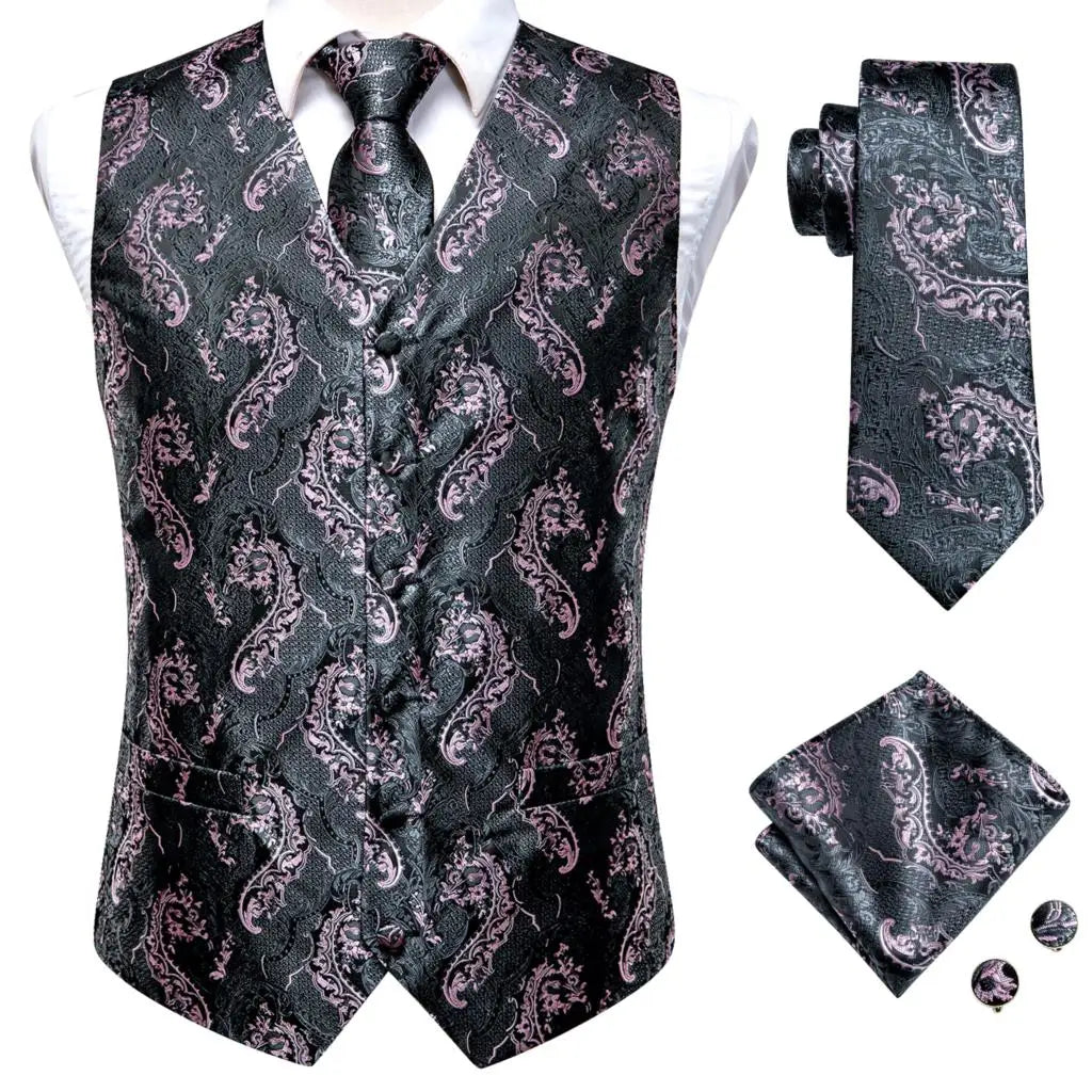 Hi-Tie Brand Silk Mens Vests Grey Black Gold Navy Blue Red Burgundy Jacquard Waistcoat Jacket NeckTie Hanky Cufflinks for Men