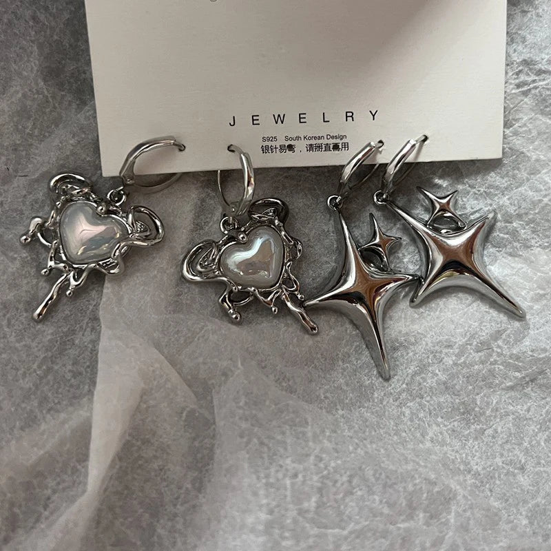 Simple Silver Color Star Earrings for Women Opal Stone Heart Hoop Earrings Punk Y2K Cute Daily Wear Jewelry Party Gifts