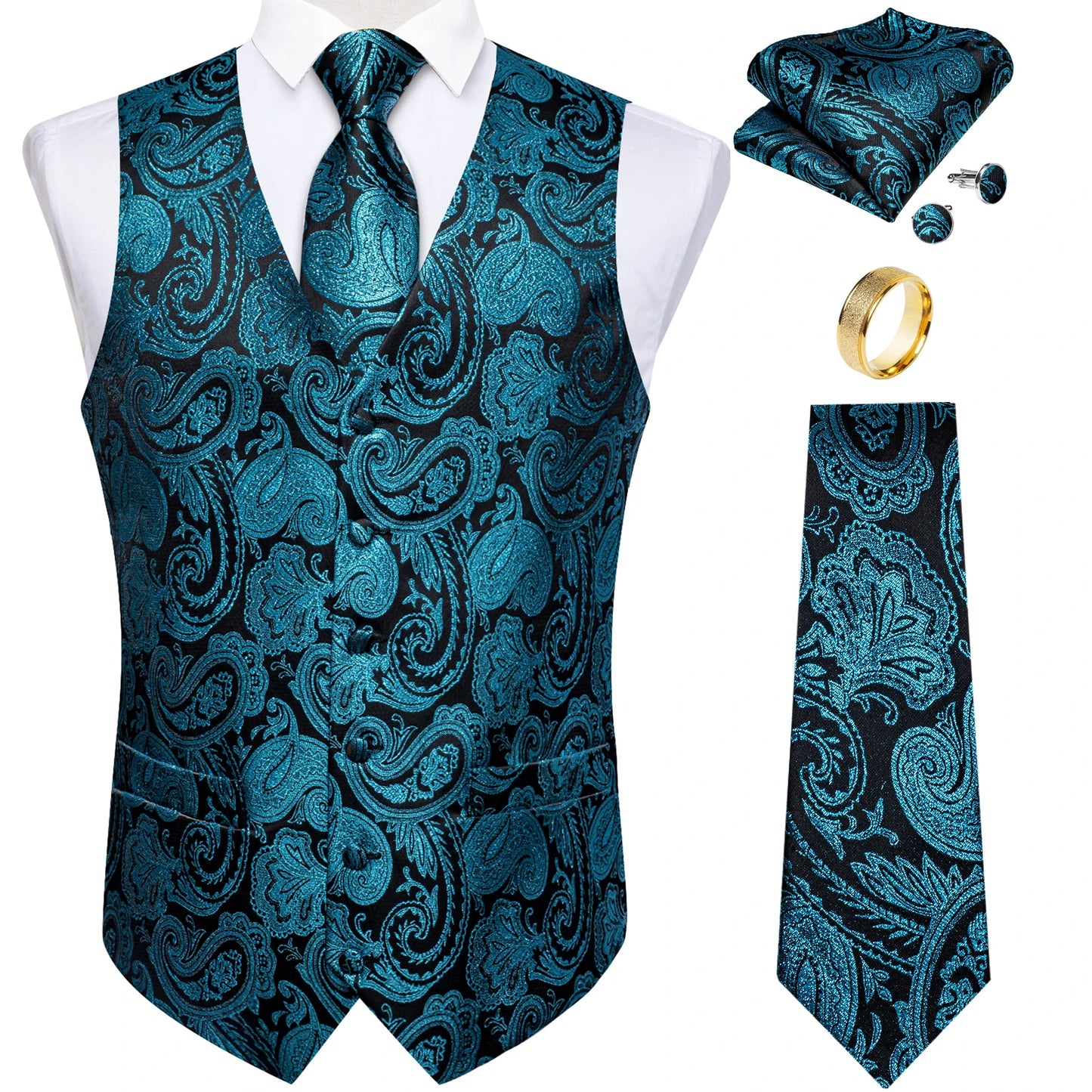 Fashion Green Paisley Vest for Man Business Festival Dress Fit Men's Waistcoat Luxury Silk Necktie Pocket Square Cufflinks Ring