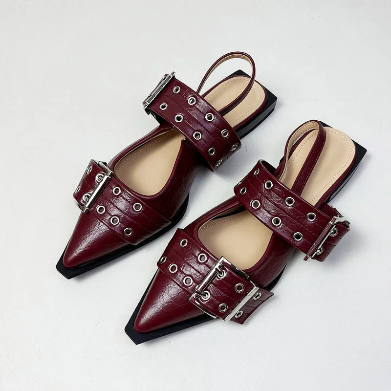 New Sandals Women Flats Shoes Fashion Metal Buckle Shoes 2025 Spring Pointed Toe Shallow Footwear Slingbacks Ladies Sandals