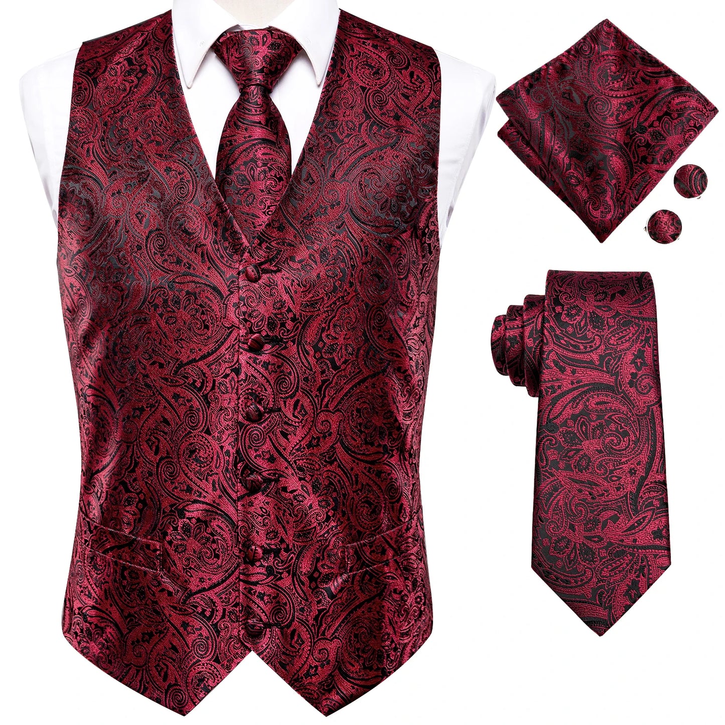 Hi-Tie Brand Silk Mens Vests Grey Black Gold Navy Blue Red Burgundy Jacquard Waistcoat Jacket NeckTie Hanky Cufflinks for Men
