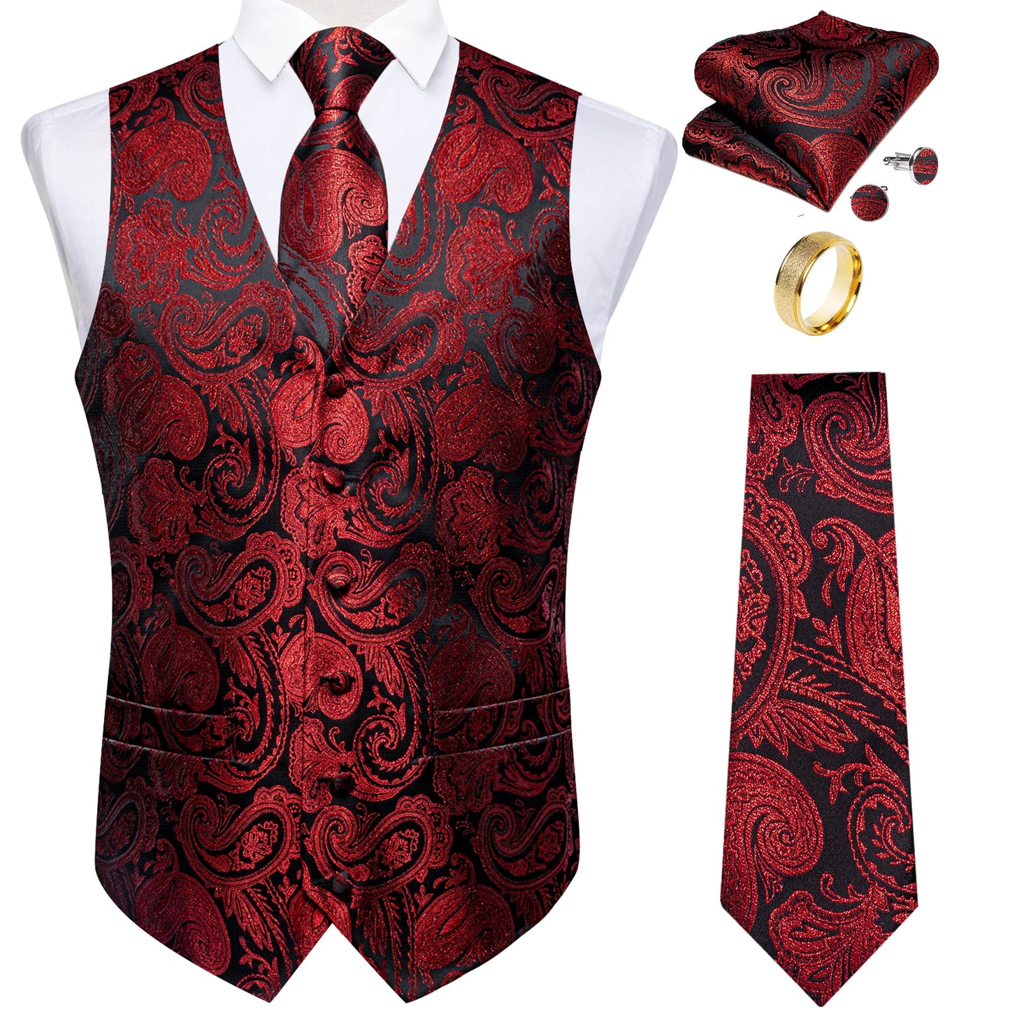 Fashion Green Paisley Vest for Man Business Festival Dress Fit Men's Waistcoat Luxury Silk Necktie Pocket Square Cufflinks Ring