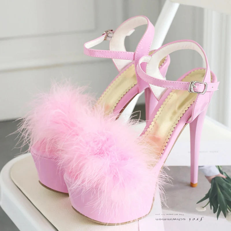 Gladiator Sandals Women Summer Platform High Heels Wedding Party Shoes Sexy Pink Red Blue Feather Dance Shoes Female Large Size