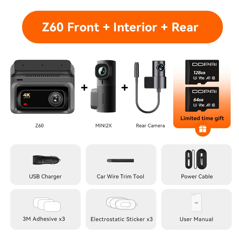 DDPAI Dash Cam Z60 3CH Support Rear and Interior Dash Cam With GPS 5GHz WiFi ADAS NightVISion Dash Camera 24H Parking Monitor