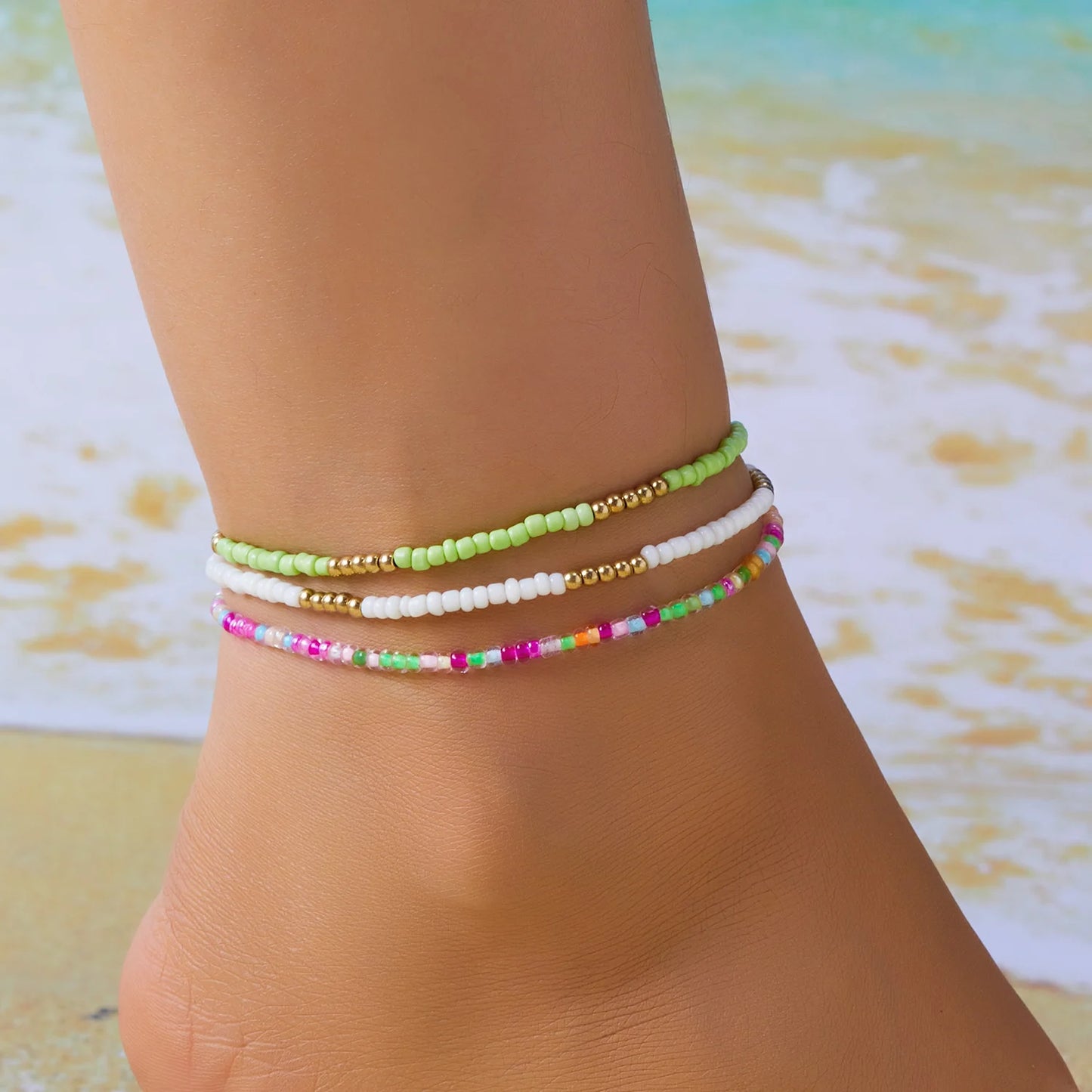 Bohemia Multilayer Rice Bead Anklet Set for Women Fashion Starfish Pendant Anklets Summer Sandy Beach Ankle Chain On Leg Jewelry