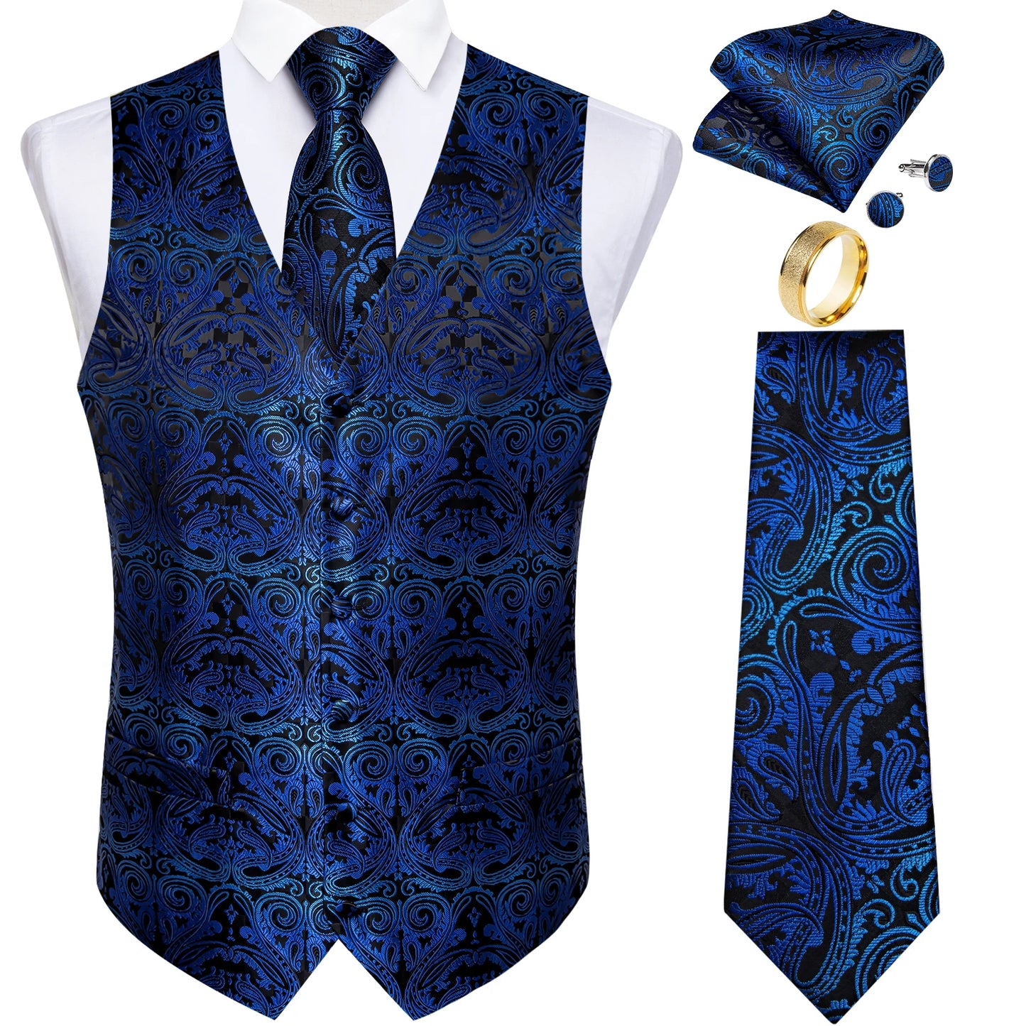 Fashion Green Paisley Vest for Man Business Festival Dress Fit Men's Waistcoat Luxury Silk Necktie Pocket Square Cufflinks Ring