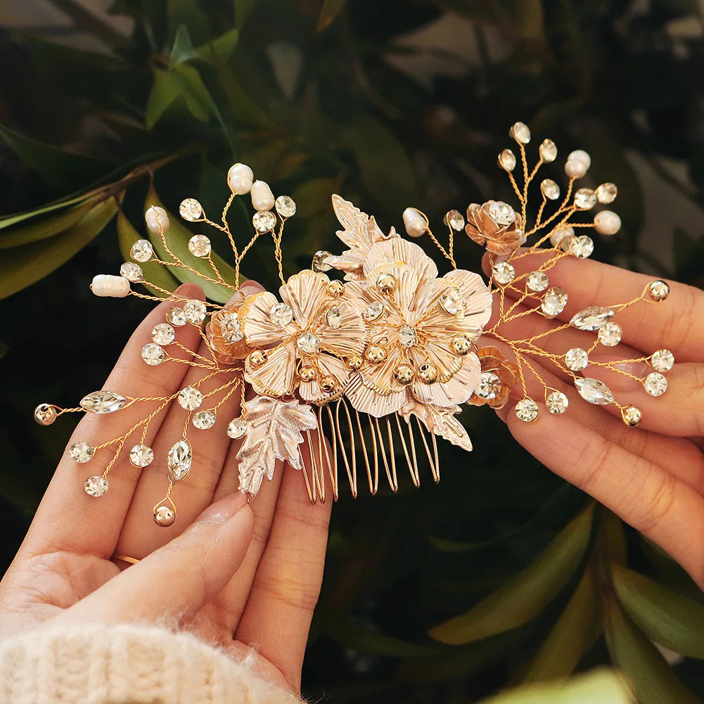 Bride Wedding Hair Combs Gold/Silver Color Alloy Flower Hairpin Clips for Women Birthday Party Headpiece Bridesmaid Hair Jewelry