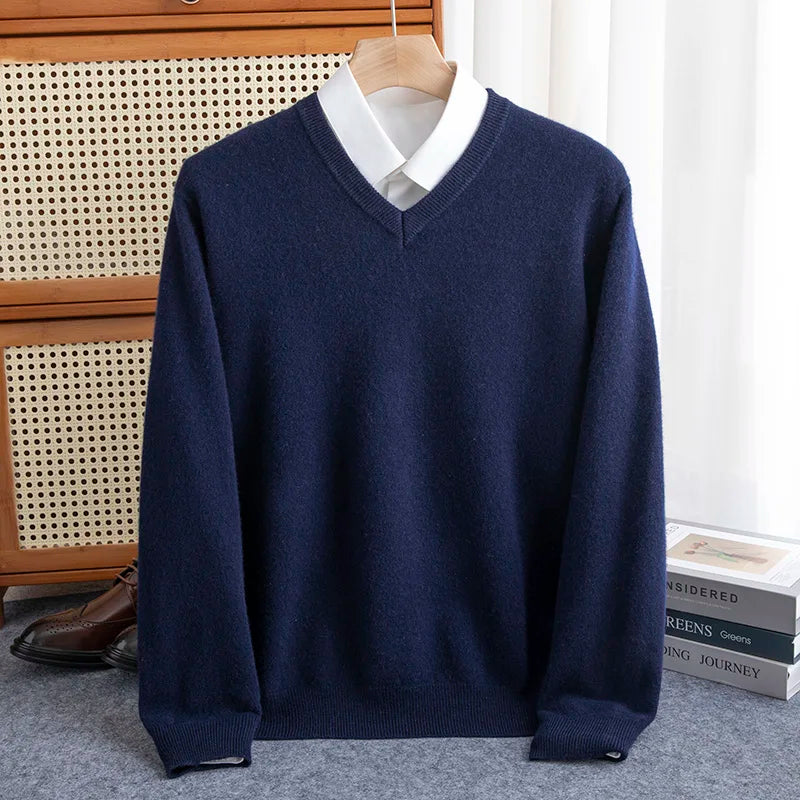 First-line of clothing Men 100% Merino Wool Sweater Spring Autumn V- Collar Pullovers Sweater Long Sleeve Soft Knit Basic Tops