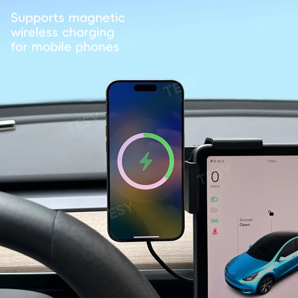for Tesla Model Y Launch 2025 Model 3 HIGHLAND 2024 Cybertruck BYD Car Phone Mount Holder 15W Magnetic Magsafe Wireless Charger