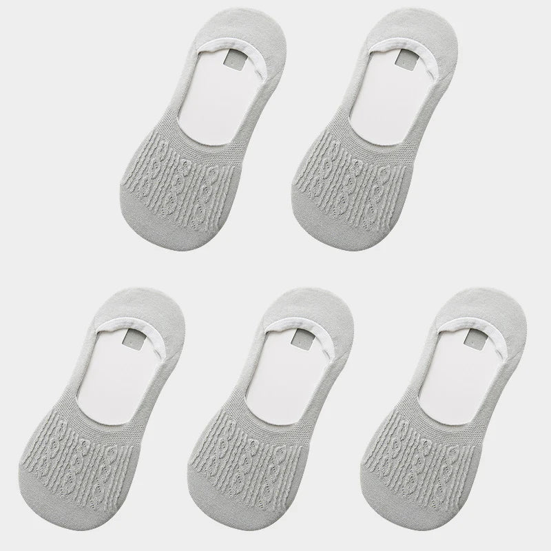5 Pairs Women Cotton Low Cut Socks Solid Snowflake Softable Summer Silicone Non-slip Deep Mouth Prevent Heel Loss Slipper Socks