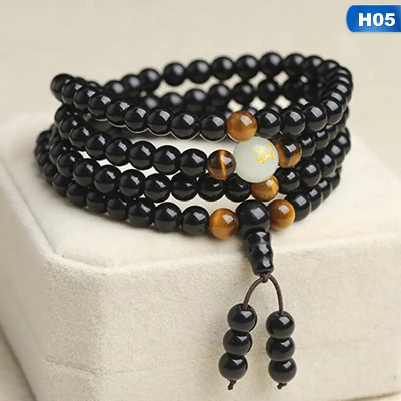 Black Stone Bracelet with Luminous Beads and Glass Pearls