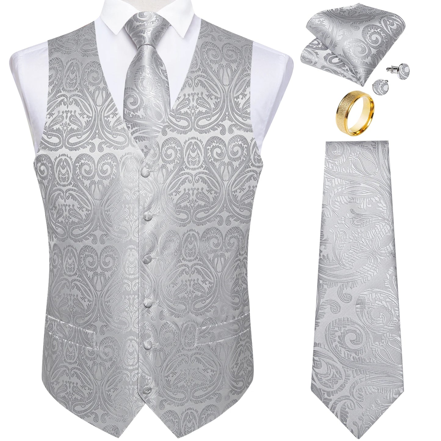 Fashion Green Paisley Vest for Man Business Festival Dress Fit Men's Waistcoat Luxury Silk Necktie Pocket Square Cufflinks Ring