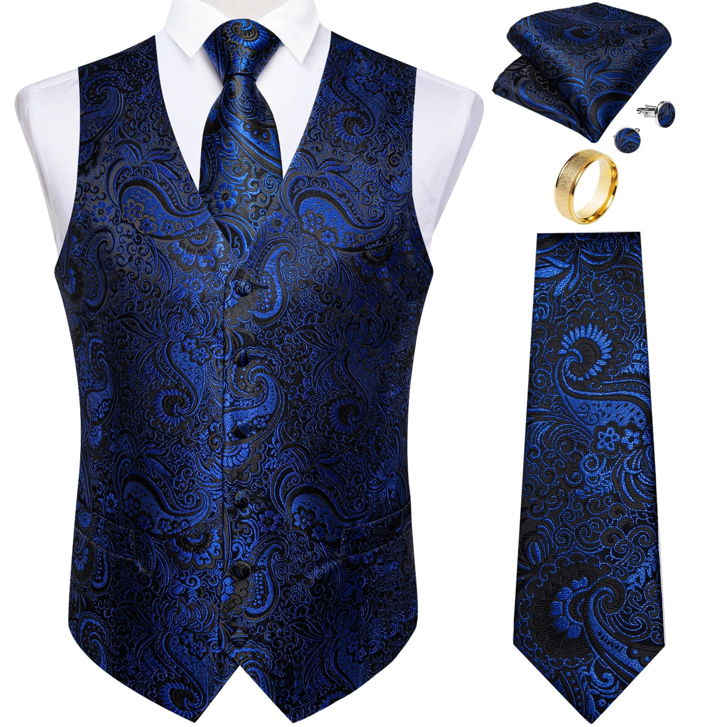 Fashion Green Paisley Vest for Man Business Festival Dress Fit Men's Waistcoat Luxury Silk Necktie Pocket Square Cufflinks Ring