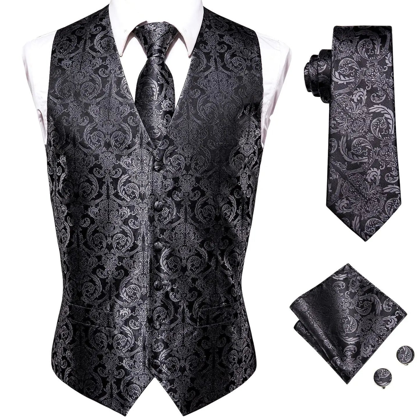 Hi-Tie Brand Silk Mens Vests Grey Black Gold Navy Blue Red Burgundy Jacquard Waistcoat Jacket NeckTie Hanky Cufflinks for Men