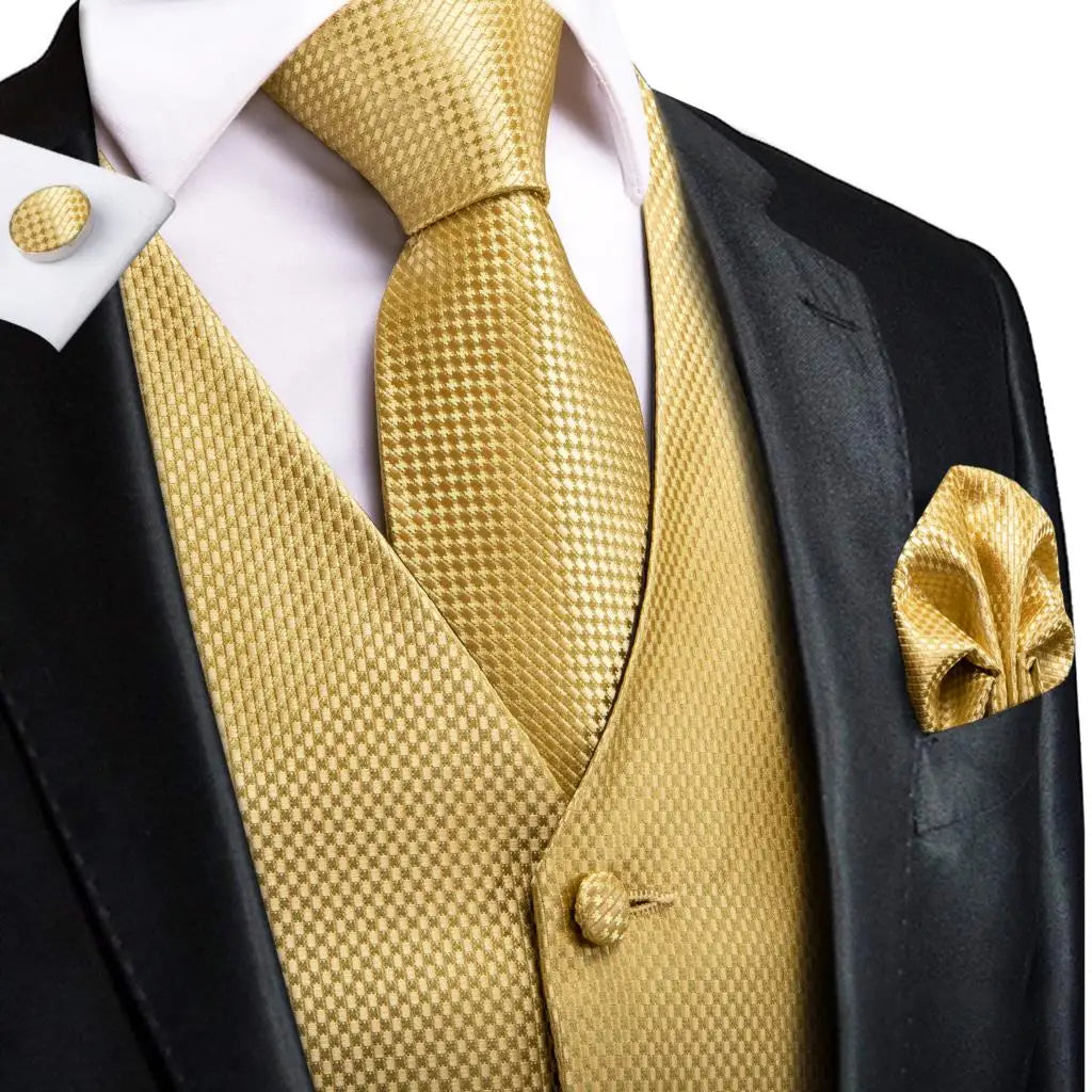 Hi-Tie Silk Ivory Beige Champagne Gold Mens Vests Tie Hankerchief Cufflinks Set Jacquard Vine Waistcoat for Men Suit Dress