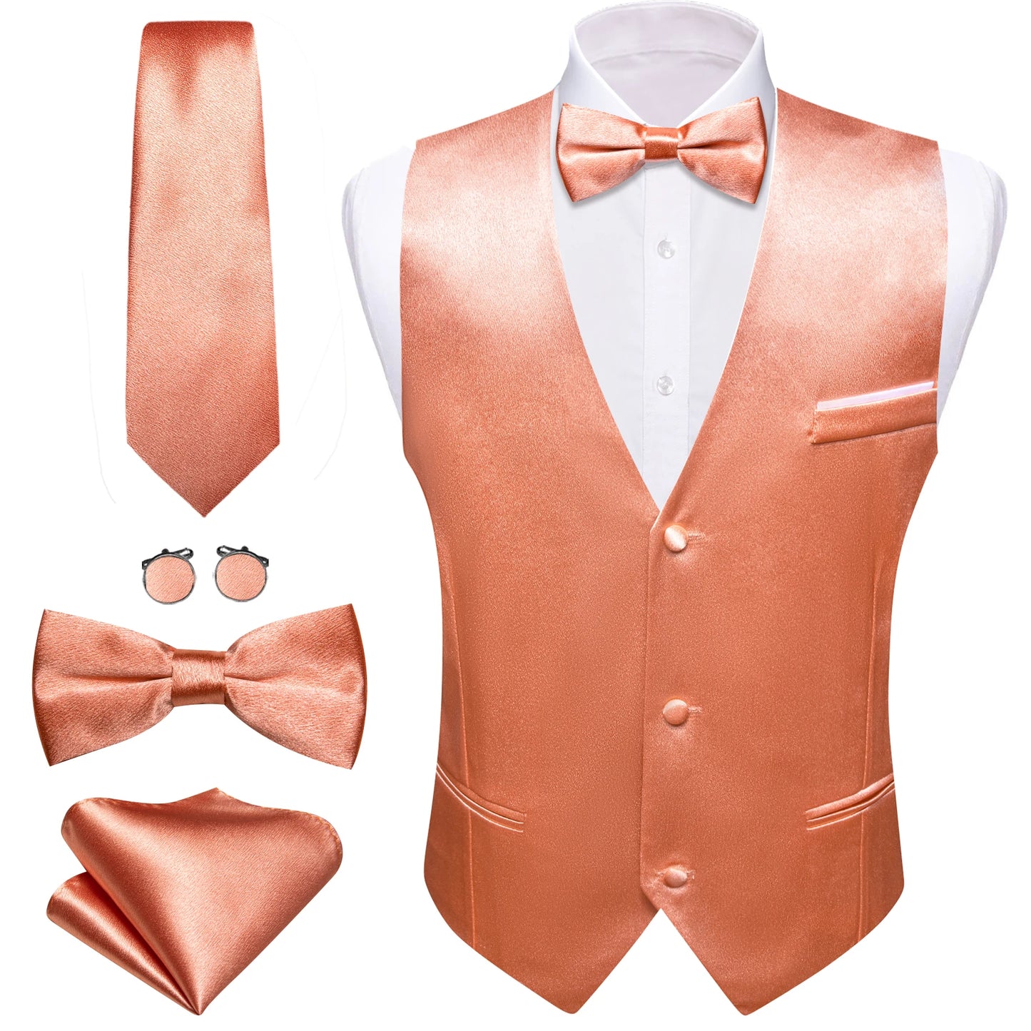 Elegant Vest for Men Pink Solid Satin Waistcoat Tie Bowtie Hanky Set Sleeveless Jacket Wedding Formal Male Gilet Suit Barry Wang