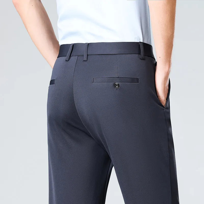 Spring Summer Stretch Smooth Trousers Men Classic Business Elastic Waist Pants Thin Black Gray Blue Casual Suit Pants Male Brand