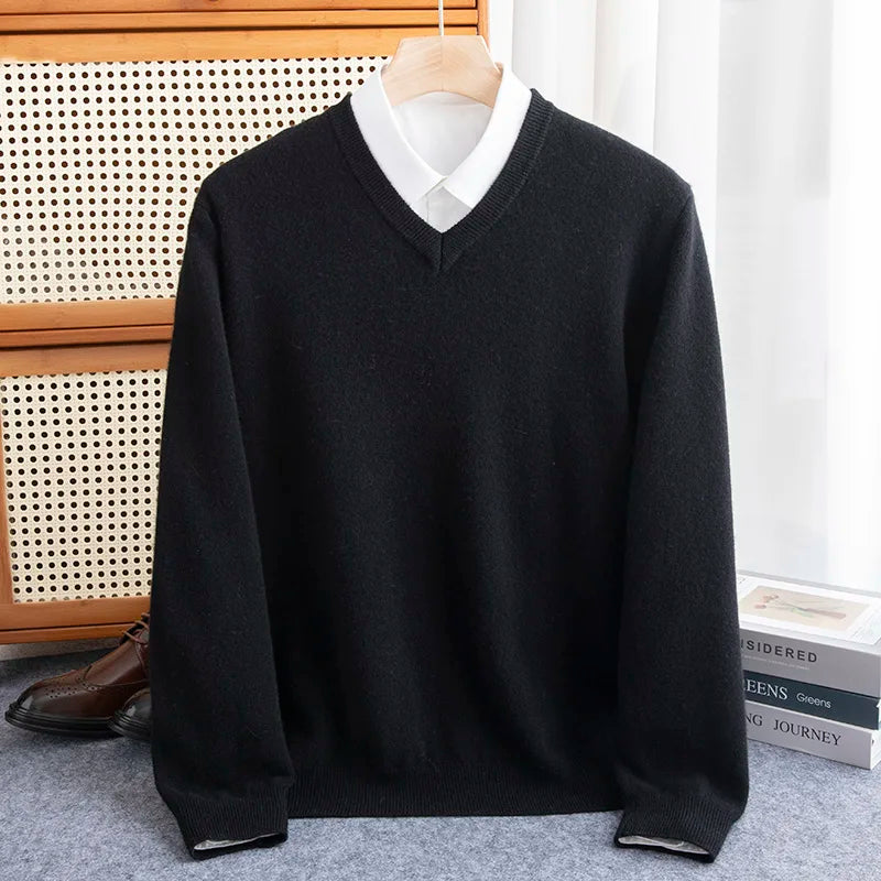 First-line of clothing Men 100% Merino Wool Sweater Spring Autumn V- Collar Pullovers Sweater Long Sleeve Soft Knit Basic Tops