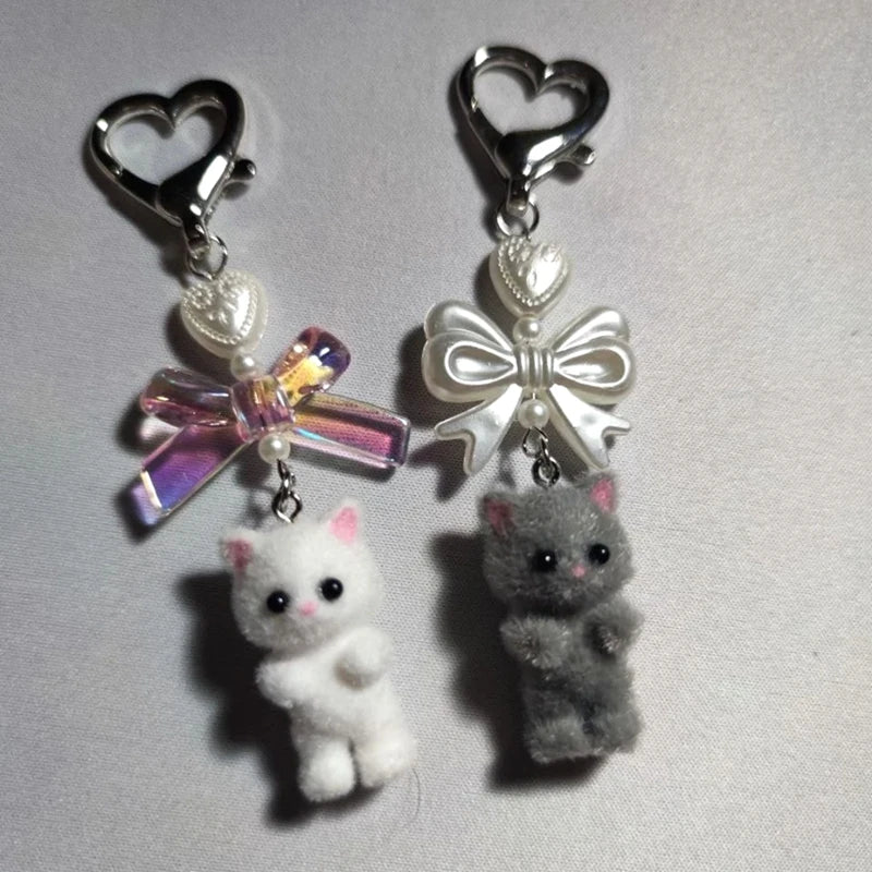 Cute Fuzzy Kitty Cat Heart Bow Keychain, Kitten, Kawaii, Pink Bow, Pearl Heart