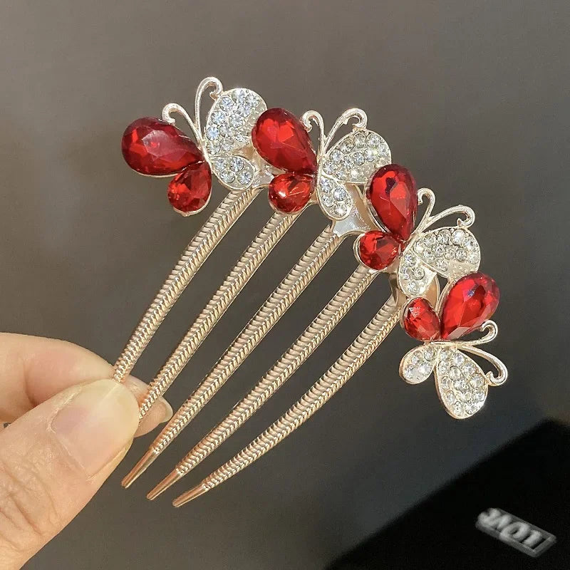 Fashion Zircon Butterfly Five Toothed Hairpin Bride Hair Accessories for Women Retro Luxury Alloy Hair Comb Mom's Headwear Gift
