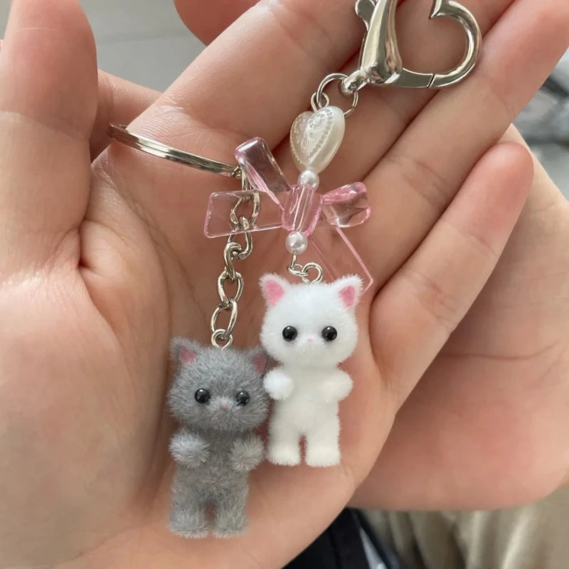 Cute Fuzzy Kitty Cat Heart Bow Keychain, Kitten, Kawaii, Pink Bow, Pearl Heart