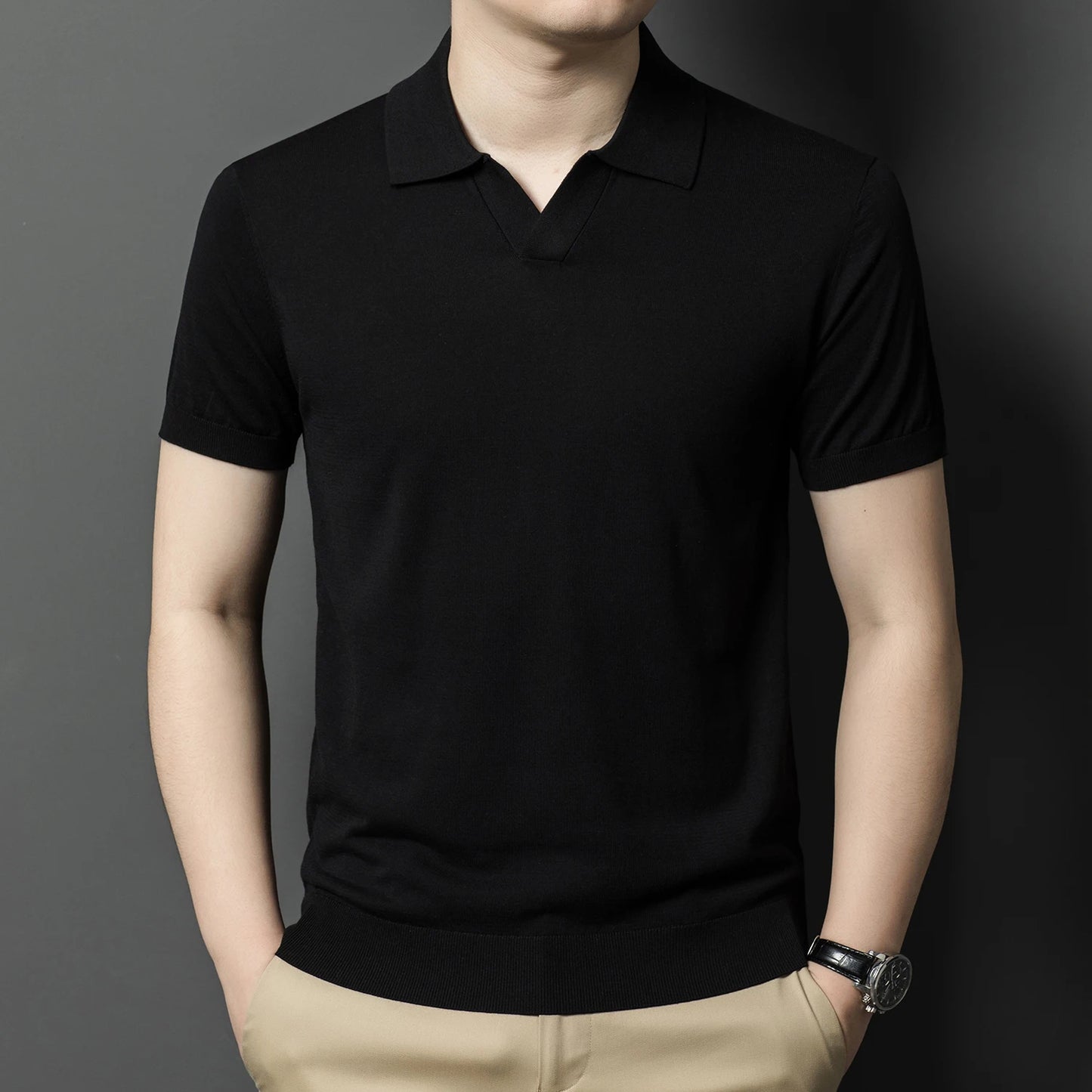 Men's Mulberry Silk Knit Polos 2024 Summer Classic Turn Down Color Lyocell Cotton Knitwear Short Sleeve Thin Knit Tee Shirts