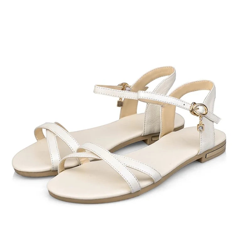 Comfortable Women's Summer Sandals Genuine Leather Flip Flops Casual Flats Sandal White Gold Black Ankle Strap Beach Shoes Girls