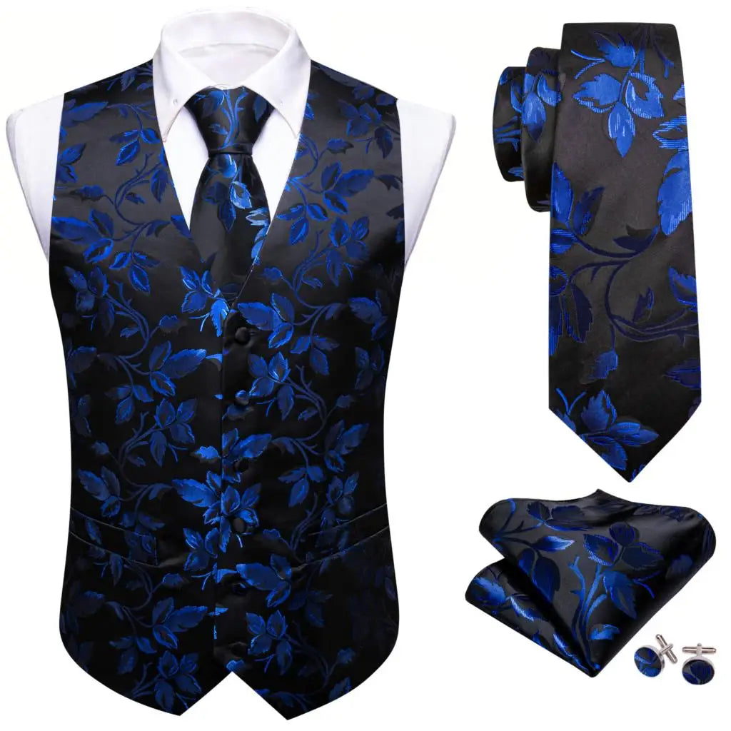Elegant Silk Vest for Men Red Black Leaves Slim Fit Waistcoat Tie Hanky Cufflinks Set Wedding Business Formal Party Barry Wang
