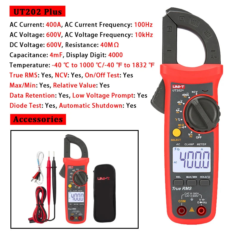 UNI-T UT210E UT202A UT204 Plus Clamp Meter AC/DC Digital Voltmeter Ammeter Pliers Multimeter Professional Electrical Multitester