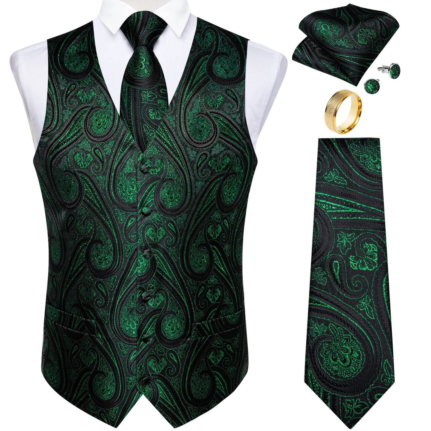 Fashion Green Paisley Vest for Man Business Festival Dress Fit Men's Waistcoat Luxury Silk Necktie Pocket Square Cufflinks Ring
