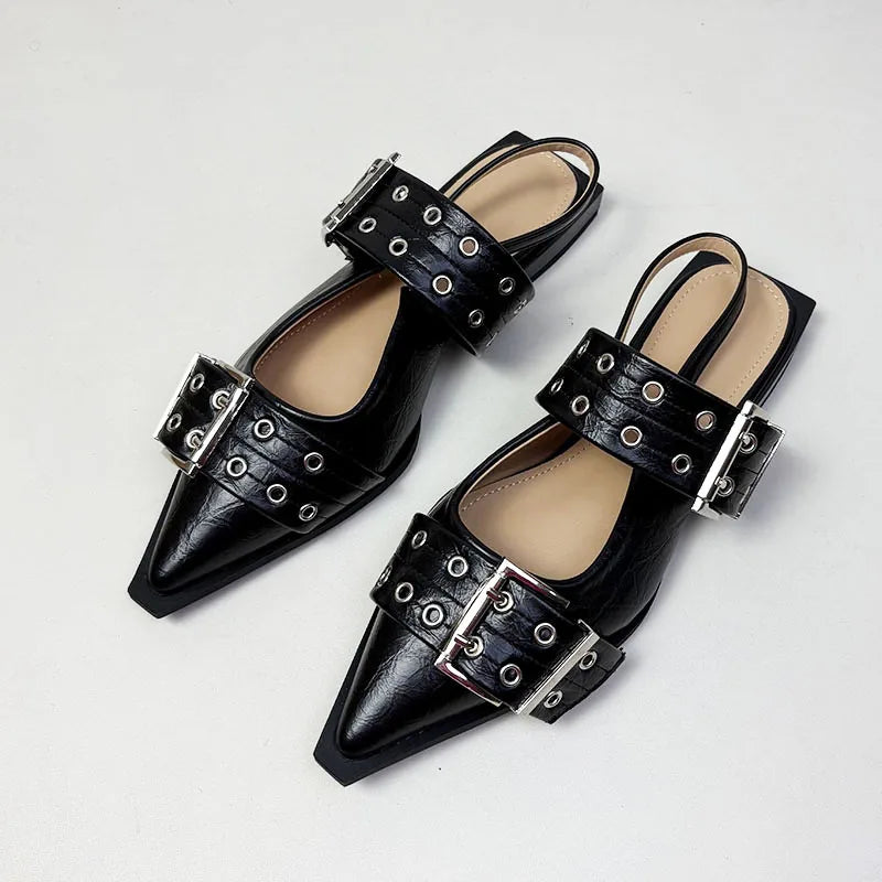 New Sandals Women Flats Shoes Fashion Metal Buckle Shoes 2025 Spring Pointed Toe Shallow Footwear Slingbacks Ladies Sandals