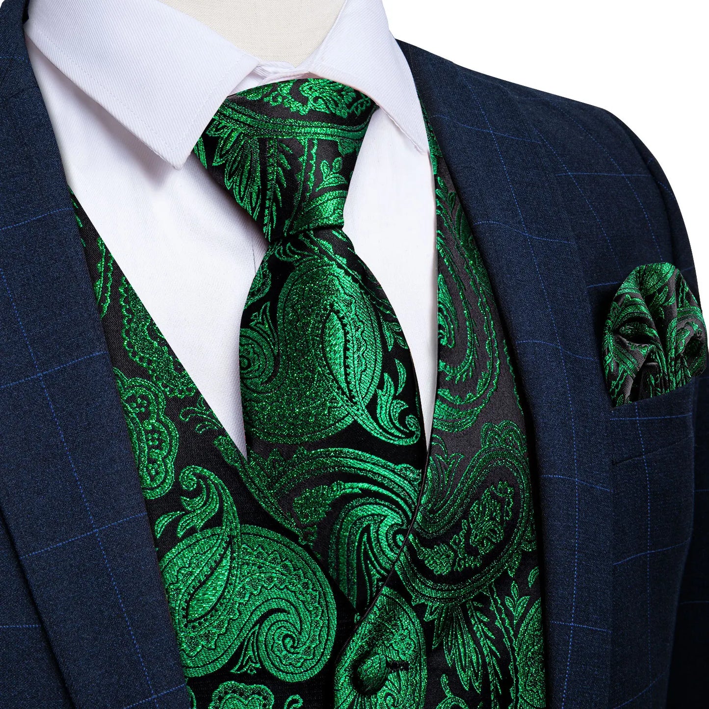Fashion Green Paisley Vest for Man Business Festival Dress Fit Men's Waistcoat Luxury Silk Necktie Pocket Square Cufflinks Ring