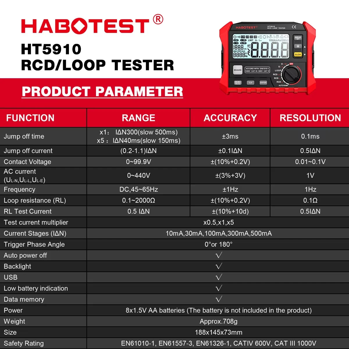 HABOTEST HT5910 Leakage Switch Tester LCD Digital Resistance Meter RCD/Loop Tester 1000 Data Storage Voltmeter Megohmmeter
