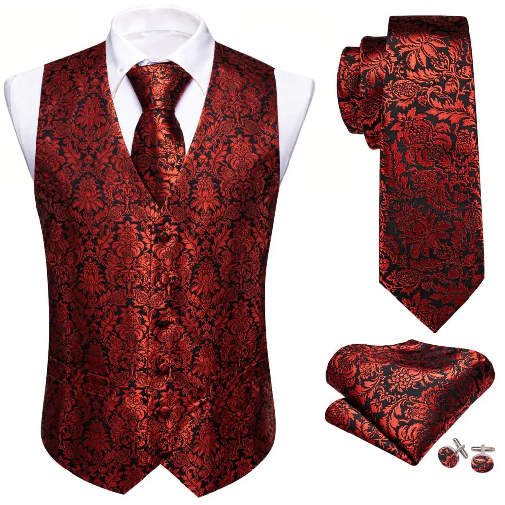 Elegant Silk Vest for Men Red Black Leaves Slim Fit Waistcoat Tie Hanky Cufflinks Set Wedding Business Formal Party Barry Wang