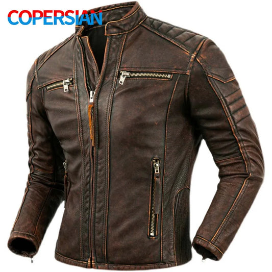Men's Natural Leather Jacket First Layer Calfskin Stand Collar Motorcycle Jacket Retro Brown Cowhide Jacket Men‘s Biker Clothes