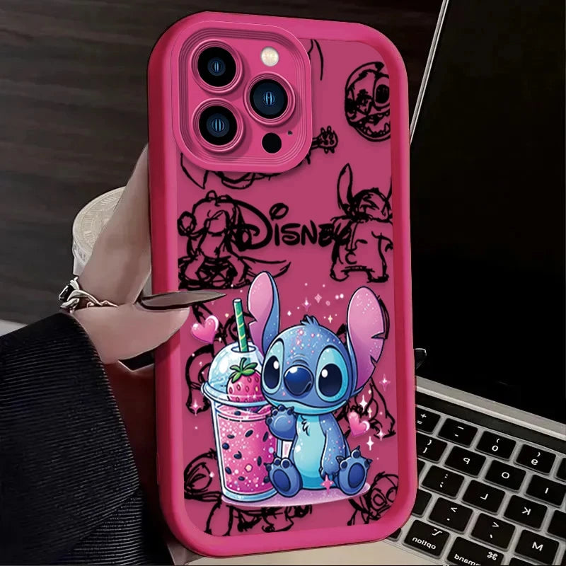 Disney Stitch Strawberry Cute Phone Case For iPhone 16 15 14 13 12 11 Pro Max X XS Max XR 12 13 Mini 8Plus Shockproof Soft Cover