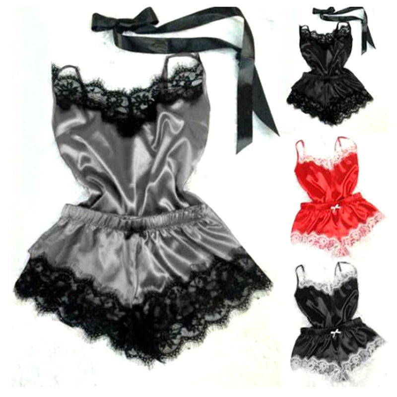 Sexy Women's Lace-trimmed Satin Camisole Set