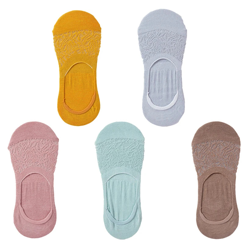 5 Pairs Women Cotton Low Cut Socks Solid Snowflake Softable Summer Silicone Non-slip Deep Mouth Prevent Heel Loss Slipper Socks