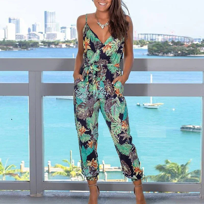 V Neck Sexy Bodysuits Women With Belt Body Femme Rompers Feminino Floral Playsuit Overalls Print Summer Jumpsuit Suit Pants