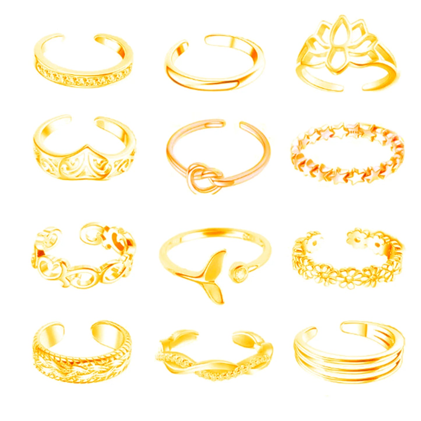 12Pcs Foot Ring Open Toe Rings Rose Gold/Silver/Gold Color Alloy Adjustable Rings Set for Women Summer Beach Foot Jewelry