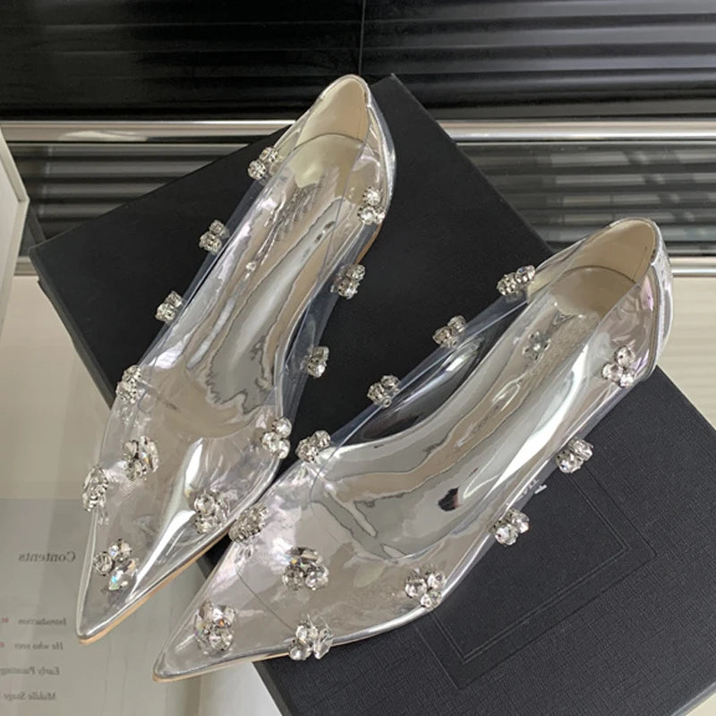 Eilyken Spring Crystal PVC Transparent Women Pumps Fashion Pointed Toe Square Low Heels Sandals Elegant Ladies Shoes